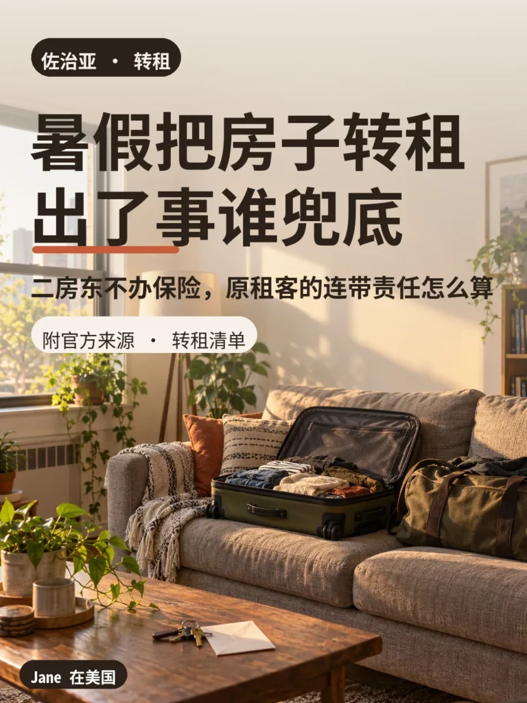 公寓客厅沙发行李箱与茶几钥匙交接封面图｜Jane 在美国